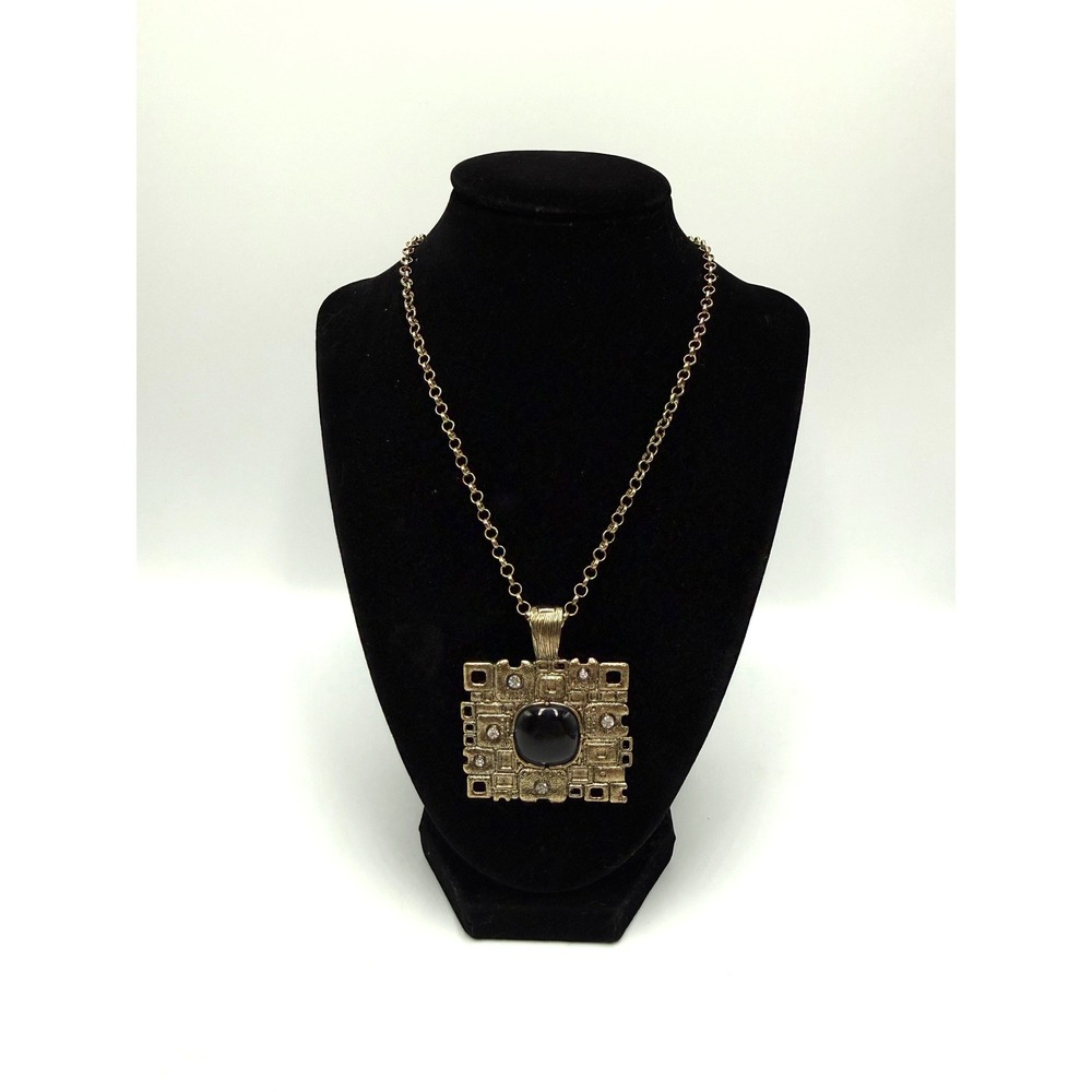 Vintage Brutalist Square Pendant Necklace Gold Tone‎ Black Cabochon Rhinestone